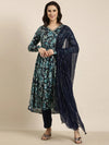 Women Straight Blue Floral Kurta and Trousers Set Comes With Dupatta-DK-3608-Blue