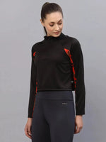 Rigo Black With Contrast Printed Detail Zip Neck Full Sleeve Activewear Top