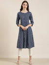 Women Navy Blue Printed A-Line Kurta-AT-A880-A-Navyblue