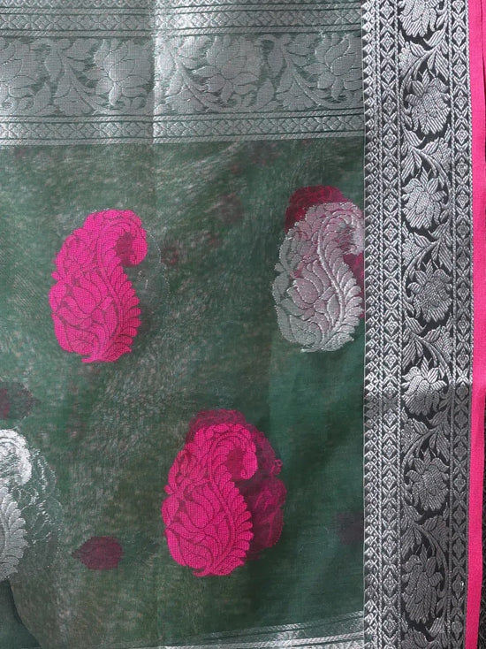 Emerald Green Muslin Saree With Zari Woven Nakshi Borders-MA62MS331980032