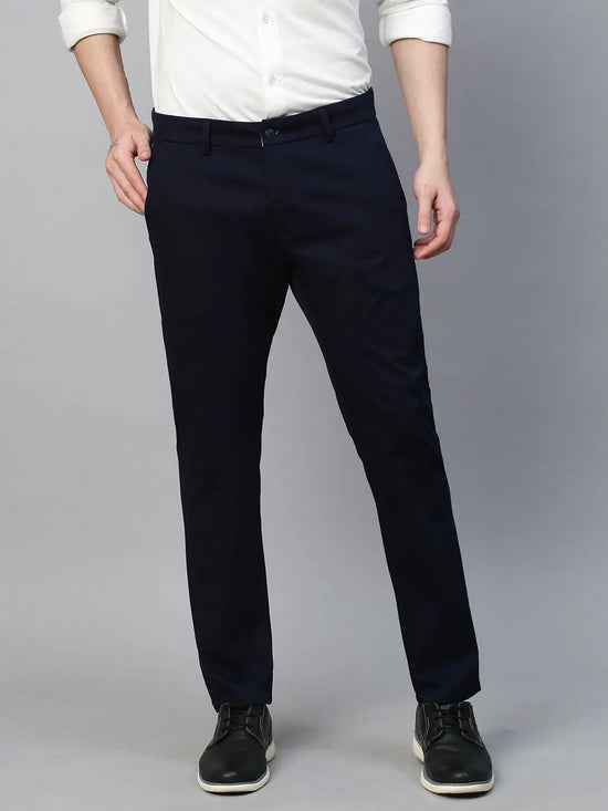 Genips Men's Cotton Stretch Caribbean Slim Fit Navy Solid Trousers