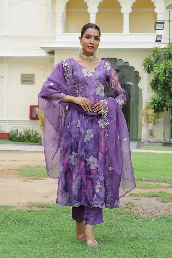 Vaasva Women Purple  Embroidered Anarkali Kurta With Solid Pant & Dupatta-130-Vaas-Purple