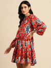 Mini Printed layered dress with balloon sleeve in Red Ikkat Print