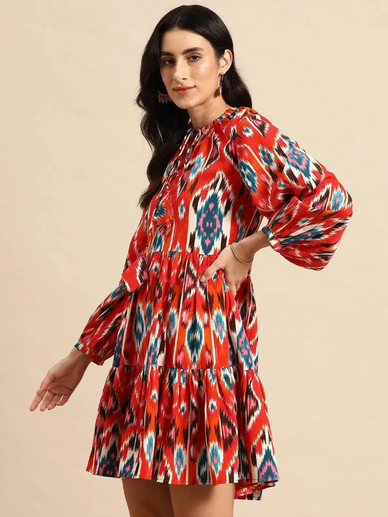 Mini Printed layered dress with balloon sleeve in Red Ikkat Print