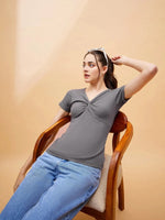 Women Grey Rib Twisted Neck Top