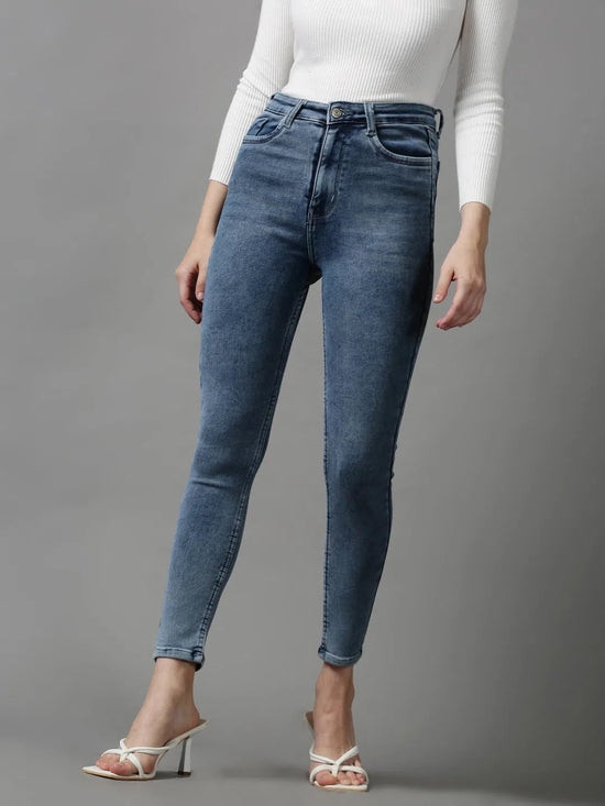 Women's Blue Solid Skinny Fit Denim Jeans-GZ-5287-1-Blue