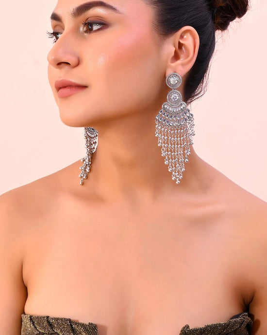 Silver-Plated Ghungroo Oxidized Drop Long Earrings-VOJ377