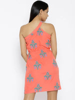 One shoulder elastic Ikat printed dress in Salmon