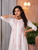 White Thread Embroidered Cotton Kurta Set With Button Closure-J4817WHITE