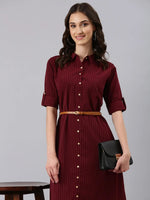 Women Maroon Striped Shirt Dress-DF-4788-Maroon