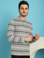 Venitian Men Striped Polo Neck Full Sleeves Ecru T-Shirt With Pocket