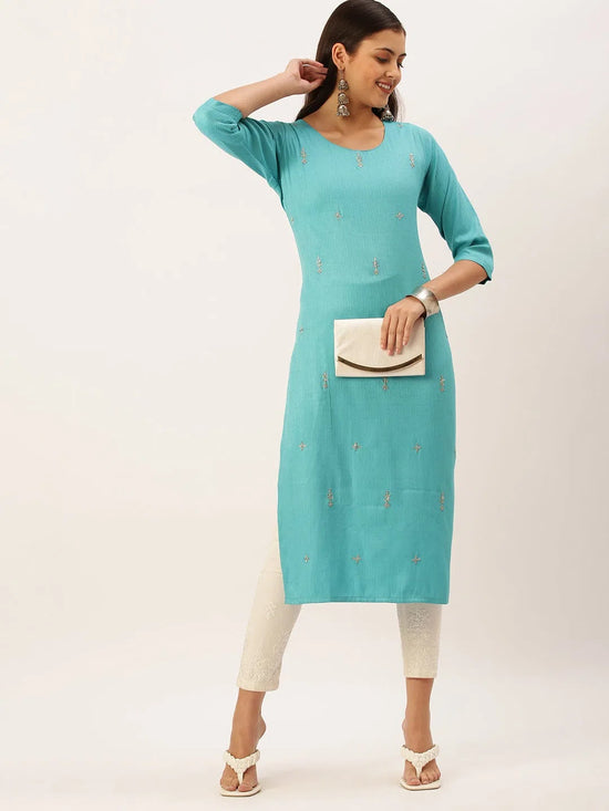 Women's Blue Solid Straight Kurta-SKC-3218-Turquoiseblue