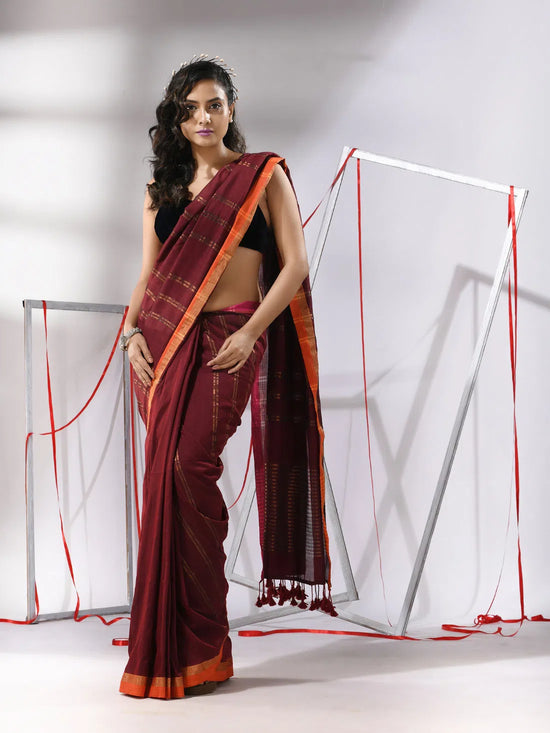 Maroon Soft Cotton Saree With  Zari Stripe Designs-MA55CT06530052