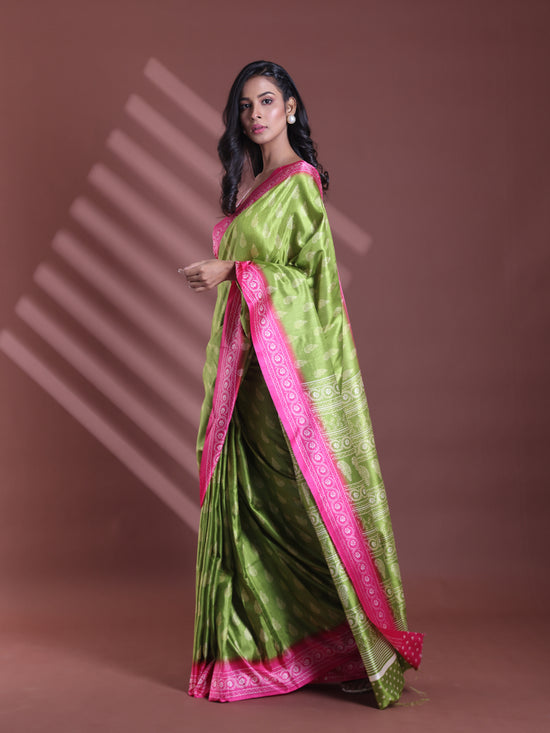 Green Silk Soft Saree With Paisley Print-MA60BSL01400041