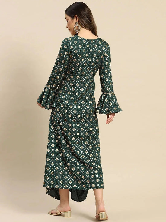 Bell Sleeve Long dress with front drape in Bottle Green