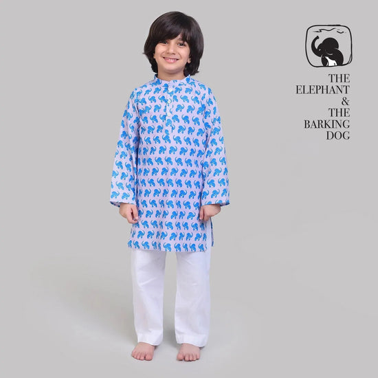 Collar Full Sleeved Cotton Kurta & Pajama Set For Boys With The Elephant & The Barking Dog Print