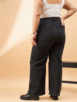 Women Black Acid Wash High Waist Seam Detail Straight Jeans