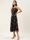 Shoulder strap flared midi dress in navy