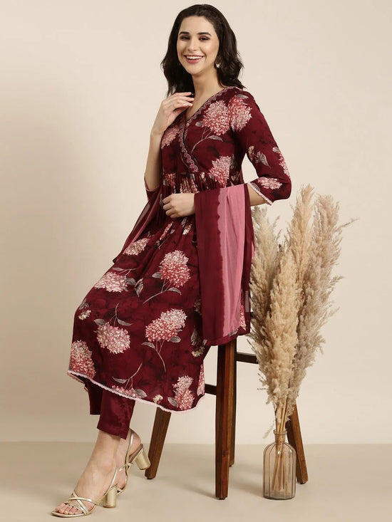 Women Anarkali Maroon Floral Kurta and Trousers Set Comes With Dupatta-BC-SK-1918-Maroon