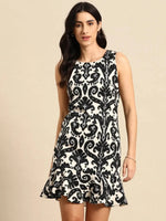 Shift Dress with flare at the hem in Black and Cream ikkat Print