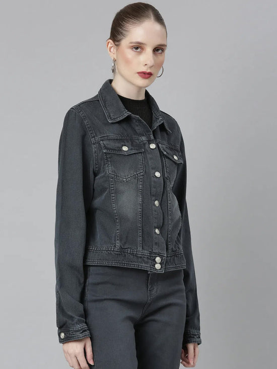 Women Grey Solid Denim Jacket-IM-10700-Grey