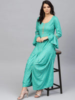 Bell sleeve printed long dress with front drape in Mint Blue