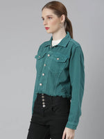 Women Teal Solid Denim Jacket-GZ-5599-Teal