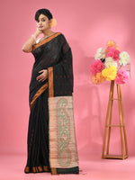 Black Cotton Blend Handwoven Saree With Jute Weaving Pallu-MA51BCT431930035