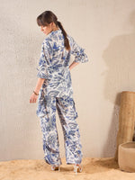 Women Blue Floral Tie Shirt With Ruched Cargo Pants