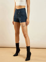 Women Blue Washed Chain Detail Denim Shorts