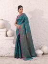 Teal Cotton Saree With Damask Motifs And Zari Border-MA54BCT04940053