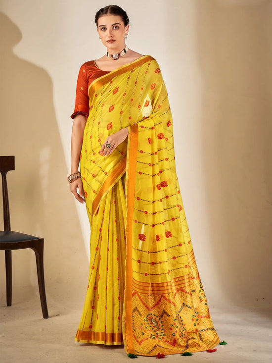 Saree Mall Women's Cotton Blend Lemon Yellow Woven Design Designer Saree With Blouse Piece-MYSHA82306