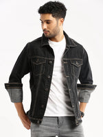 Men Charcoal Spread Collar Solid Denim Jacket-IB-DJ-09-Charcoal