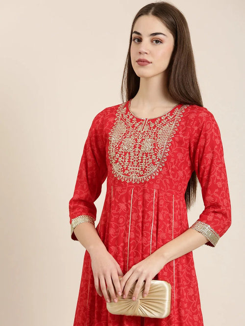 Women Red Floral Anarkali Kurta-RF-010-Red