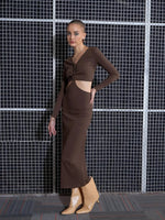 Women Brown Rib Waist Cut-Out Maxi Dress