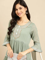 Women's Green Embroidered A-Line Kurta-ON-565-Green