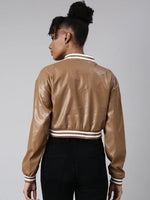 Women Solid Crop Brown Drop Shoulder Oversized Varsity Jacket-8940-Brown