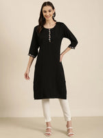 Women Black Solid Straight Kurta-DF-1556-Black