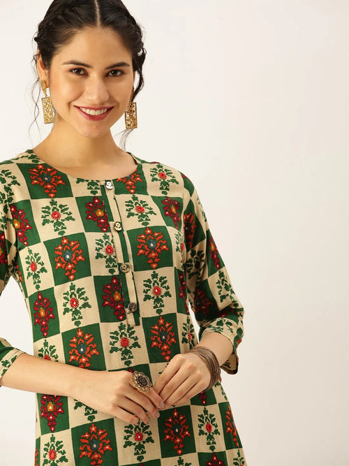 Women's Green Printed Kurta Sets-GW-2092-Green