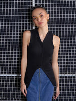 Women Black Rib Front Button Sleeveless Top