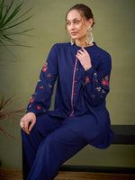 Women Royal Blue Sleeve Embroidered Shirt With Cuff Pants