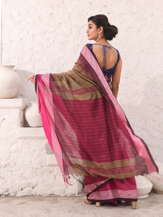 Ecru Pure Cotton Ikkat Saree With Texture Border-MA54CT33500065