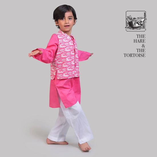 Cotton Nehru Jacket with Kurta Pajama Set For Boys with The Hare & The Tortoise Print