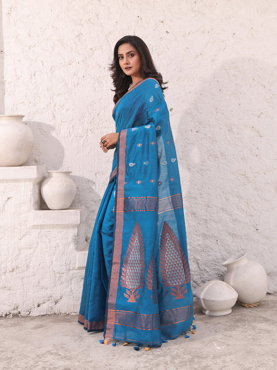 Sky Blue Cotton Saree With Woven Designs And Zari Border-MA54BCT041380041