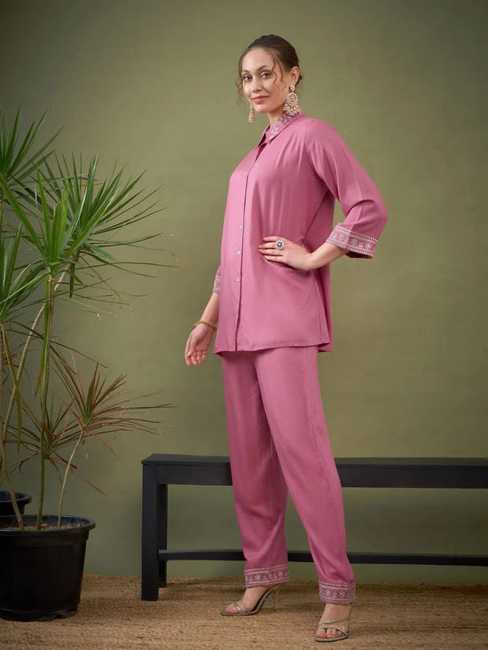 Women Pink Embroidered Shirt With Palazzos