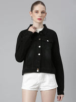 Women Black Solid Denim Jacket-IM-10700-Black