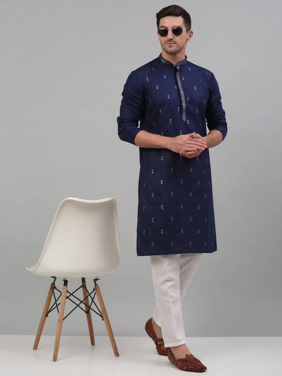 Men's Navy Blue Embroidered Straight Kurta Pyjama Set-JOKP-P-690Navy