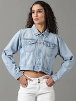 Women's Blue Solid Denim Jacket-GZ-5478-Blue