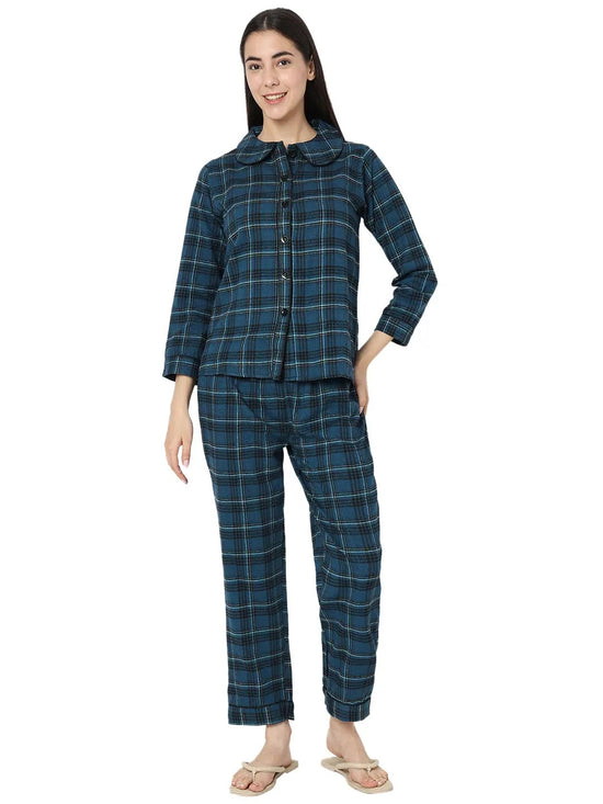 Smarty Pants Women's Brush Cotton Navy Blue Color Checks Night Suit-SMNSP-920E-S