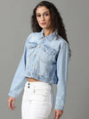 Women's Blue Solid Denim Jacket-GZ-5478-Blue